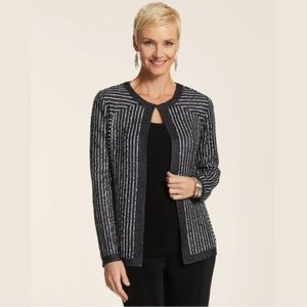 Chico’s Travelers Collection Crushed Stripe Jacket Black and White Size 2 NWT